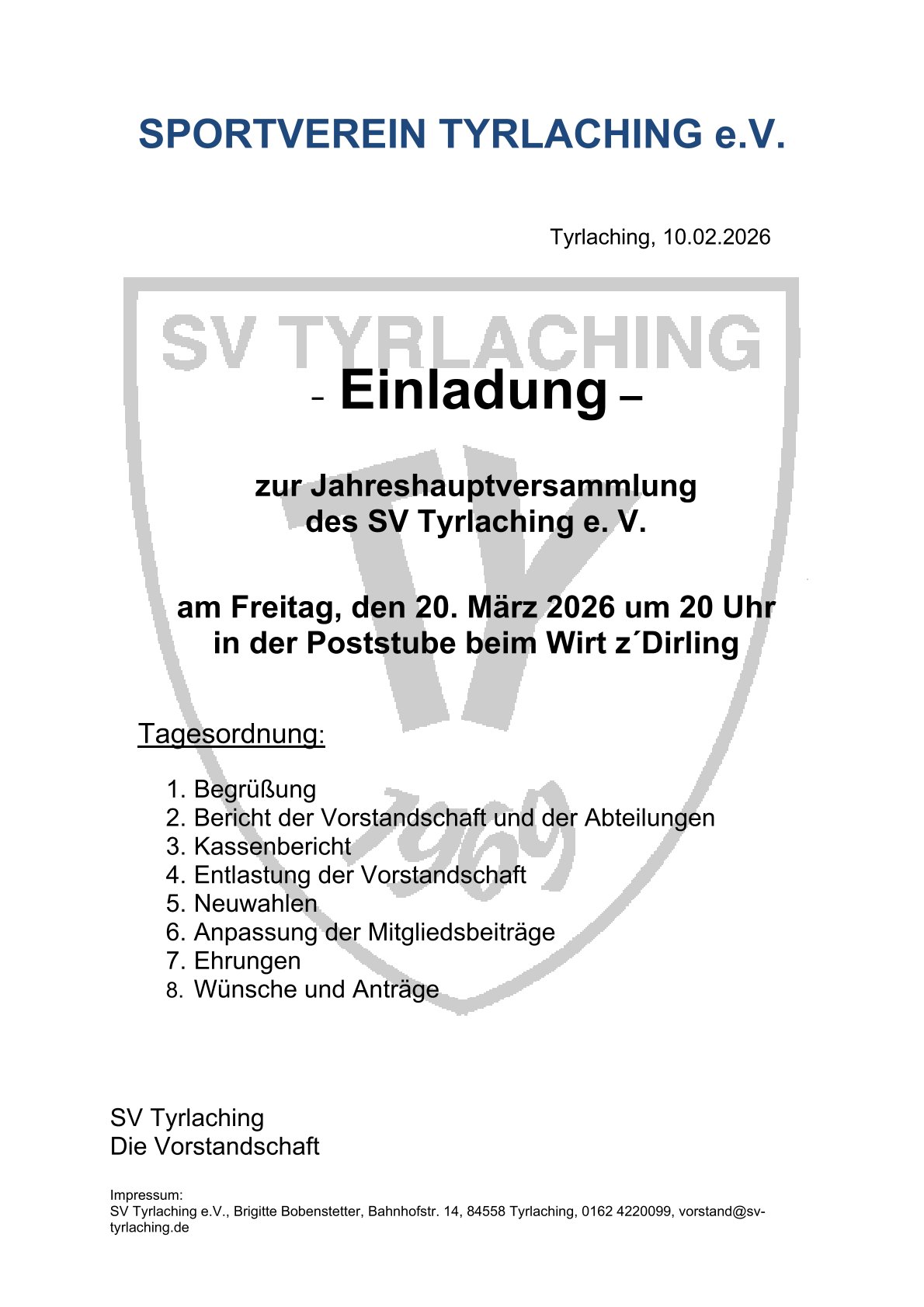 Einladung zur Jahreshauptversammlung 2026